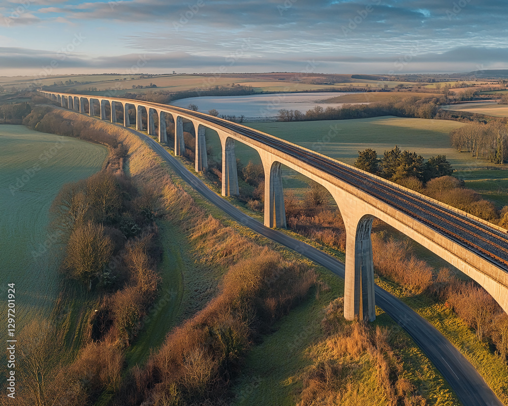 Poster aerial view of a viaduct bridge crossing green fields with railway tracks in the countryside, symbol