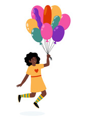 Child joyfully holding colorful balloons while running outdoors in a cheerful setting