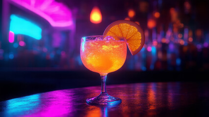 most delicious cocktail with fruit on a table in a futuristic bar, dimly neon lit, light particles, summer or spring drink, mocktail, refreshing drink