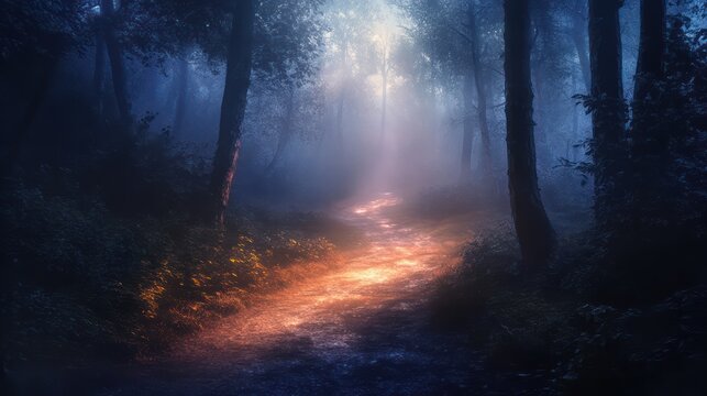 A mysterious forest path bathed in hazy blue and gold light - Powered by Adobe