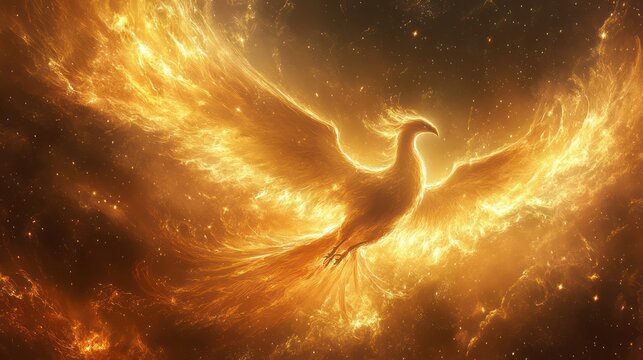 A Majestic Phoenix Bird Is Flying In A Golden Nebula