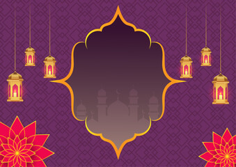 Elegant Eid Mubarak greeting card background with golden hanging lanterns, and a mosque silhouette Perfect for Ramadan, Eid celebrations, Islamic event invitations, festive social media posts.