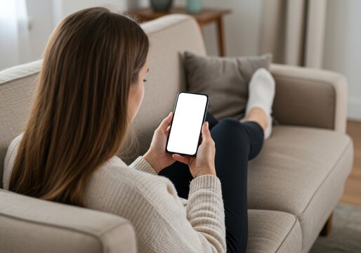 Unrecognizable woman holding a smartphone with a white screen at home, over the shoulder view of lady using a blank mobile phone while relaxing on a couch.

