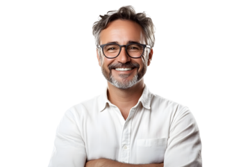 Casual businessman with glasses smiling with happy face, isolated on transparent background