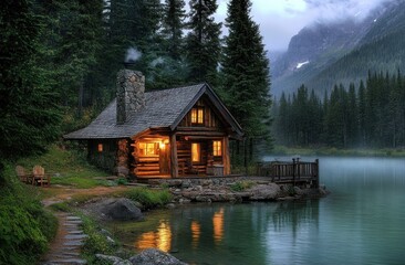 Fototapeta premium Cozy log cabin on a serene lake at dusk