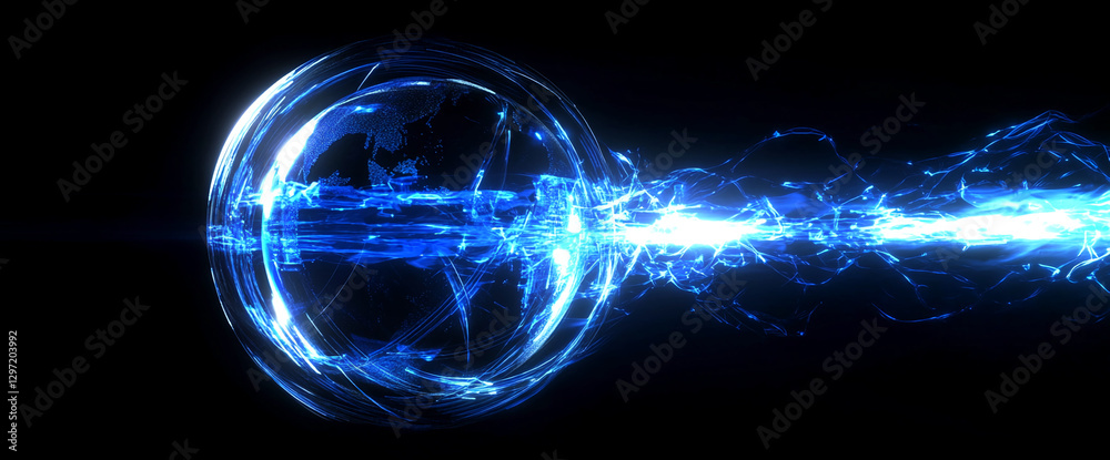 Aufkleber digital globe with electric energy stream bursting from it, representing advanced technology, global
