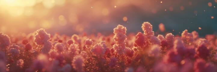 Pink Flowers Field. Soft Sunset Light. Nature Landscape. Blooming Plants. Scenic View. Floral Background. Bokeh. Warm Tones. wide banner size