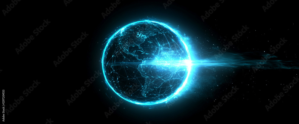 Poster a futuristic, glowing digital globe with interconnected nodes and a burst of energy emanating from i