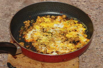Fried eggs and meat in a pan