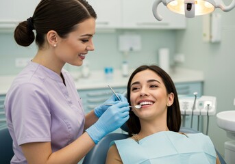 Fototapeta premium A dentist working with a female patient in a clinic, helping her with a regular teeth checkup, showcasing a healthy, happy smile with professional tools.