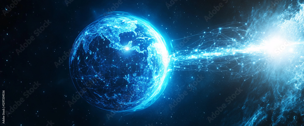 Poster a digital globe with a blue energy beam emanating from it, representing global connectivity, data tr