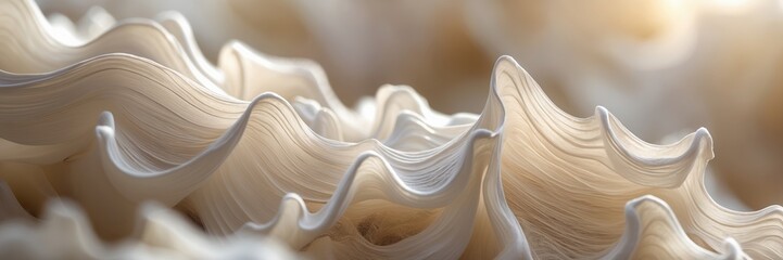 Creamy white ruffles abstract background. Soft smooth folds wavy pattern close up. Elegant textile surface with subtle light and shadow. ultrawide banner size