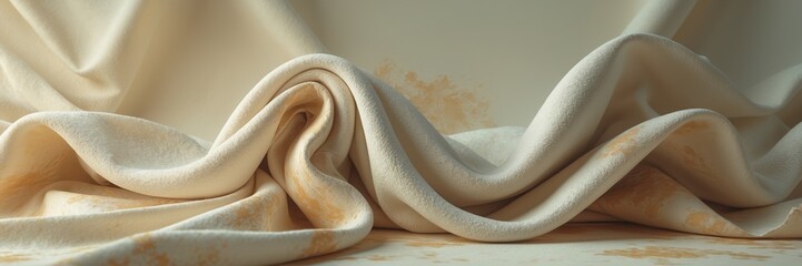 Fototapeta premium Beige fabric waves. Smooth light cloth lies draped with soft folds. Small gold spots on surface creates simple pattern backdrop. ultrawide banner size