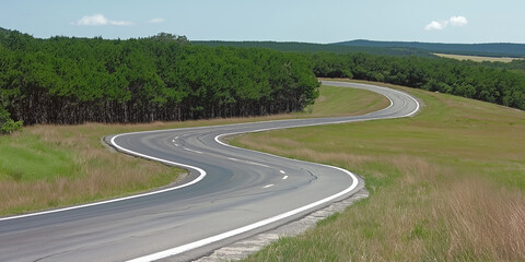 Fototapeta premium Curving highway asphalt winds through lush green landscape under a clear sky