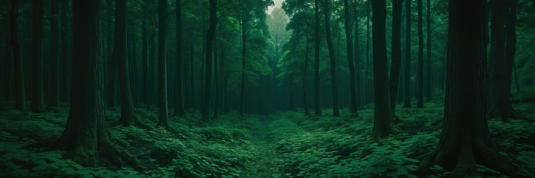Dark green forest with trees and plants. Path leading deeper in woods during day. Foggy mysterious landscape in nature.  ultrawide banner size