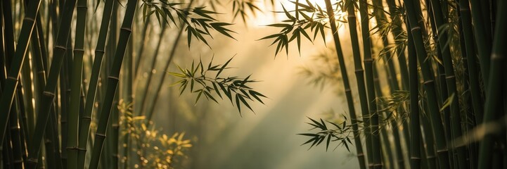 Obraz premium Bamboo forest in morning light. Green stalks and leaves shine through mist during sunrise. ultrawide banner