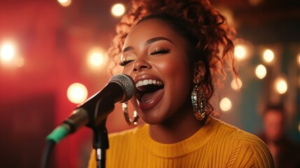A joyful female vocalist passionately singing in a cozy setting with warm lights and beautiful bokeh, capturing the essence of talent and vibrant energy through music.