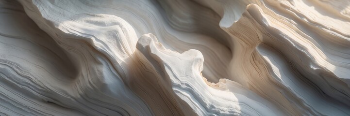 White layered texture with light and shadows. Creamy colors, wave patterns in bright sunlight. Abstract background with repeating lines, macro photo ultrawide banner