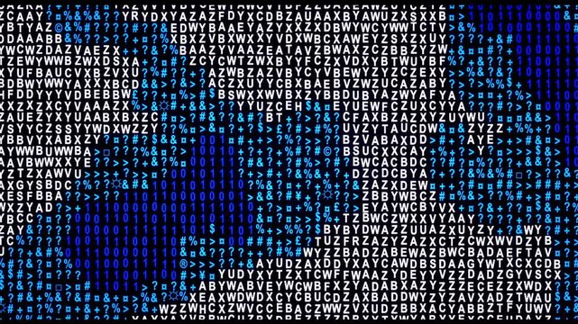 Animated fast changing blue and white letters, binary numbers and symbols texture to be used for video projects as vfx programming or data related effect or background. 