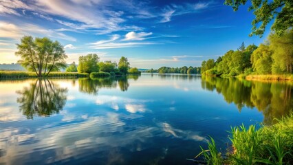 Obraz premium Beautiful serene lake landscape view across the water, serene lake view