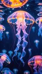 Glowing jellyfish float in dark water. Many orange and blue jellyfish are visible, their tentacles hanging down in deep blue ocean