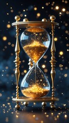 Hourglass with gold glitter on dark surface. Golden particles flow within glass time counter. Sparkling hourglass bokeh background.