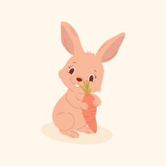 Obraz premium A cute cartoon bunny holding a carrot. A fun and charming design, perfect for children's products, greeting cards, posters, holidays, and themed projects.