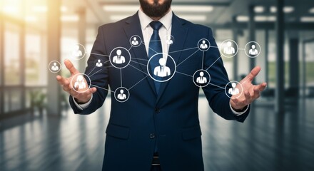 Professional businessman in navy suit demonstrating virtual human resources network visualization, modern corporate leadership and team management concept in contemporary office environment