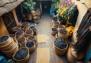 Fototapeta premium Vibrant Market Scene with Bundles of Spices, Colorful Flowers, and Traditional Baskets in Rustic Village Setting