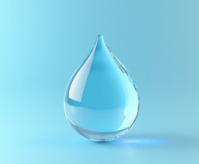 Single 3D raindrop with reflective highlights isolated on a pastel blue background