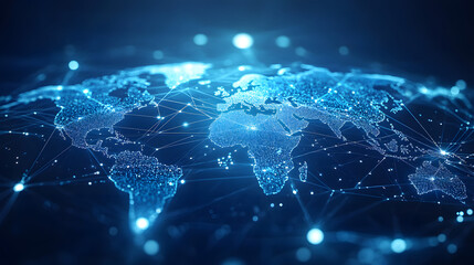 light blue background with a digital world map and global network connections, representing the concept of international business or connectivity