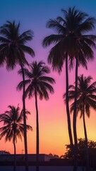 Obraz premium Palm trees silhouettes with pink purple sunset sky. Dark trunks and leaves against gradient orange background. Tropical scenery with plants in warm light.