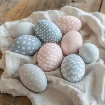 Decorative pastel Easter eggs arranged on a light cloth for festive holiday celebrations in spring