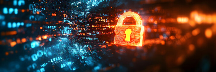 Glowing padlock icon amidst digital data streams, symbolizing cybersecurity in the modern digital landscape. Vibrant orange and blue hues create a striking contrast.