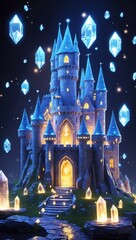 Blue stone castle at night with crystals floating. Castle on hill with glowing windows and lights. Light glows from castle door, illuminates steps.