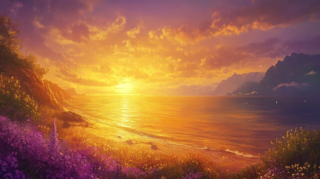 A brilliant sunset casts golden light on the calm ocean shore
