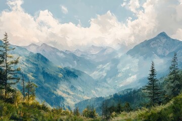 Fototapeta premium A beautiful painting of mountains with clouds and a blue sky