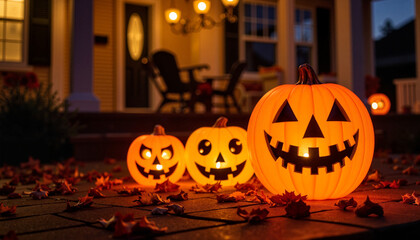 Fototapeta premium Eerie Halloween lanterns glowing on haunted porch at night, spooky ambiance
