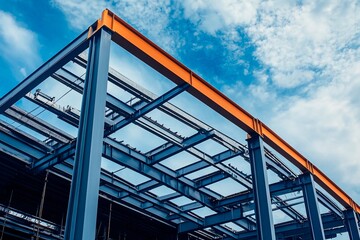 Naklejka premium Construction workers are assembling the steel framework of a contemporary building at a construction site, set under a clear blue sky with fluffy clouds above