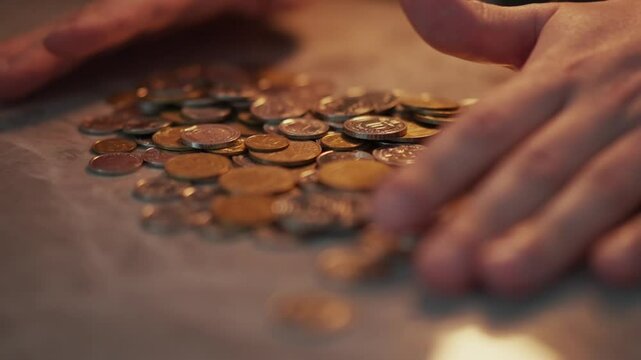 Coins close-up on the table.
Pennies on a pile.
Scattered cash.
Iron money.
Economic crisis.
Financial crisis in Starna.
National currency
