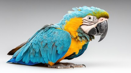 Fototapeta premium A proud macaw perches elegantly, showcasing its beautiful plumage and charismatic personality in a striking portrait against a neutral background.