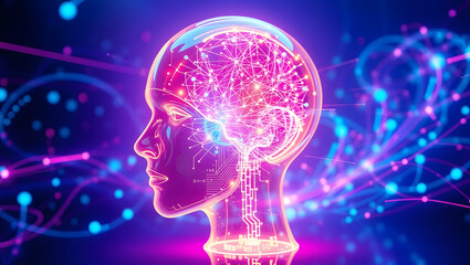 a glowing human head showcasing the brain, concept of artificial intelligence