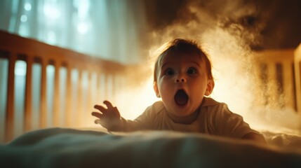 A startled baby in a crib is framed by a mysterious mist, portraying a captivating blend of innocence and surprise, evoking curiosity and a sense of wonder about the unknown.