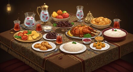 Traditional Iftar Dinner Table with Roasted Chicken and Festive Dishes