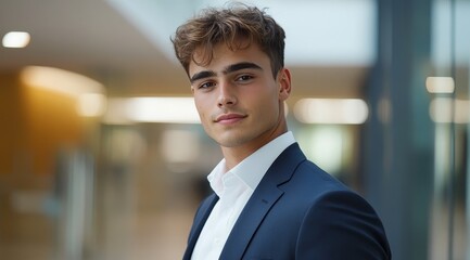 Fototapeta premium Professional man in a modern setting, showcasing business attire with glass backdrop 