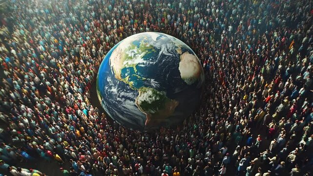 A large group of people surrounds Earth globe, illustrating the concept of global unity and the diversity of human cultures