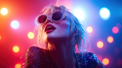 A fashionable woman poses dramatically with stylish sunglasses against an artistic backdrop of colorful lights, showcasing a blend of elegance and modern fashion trends.