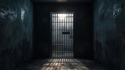 Dark and Abandoned Prison Cell with Rusty Bars and Dim Lighting