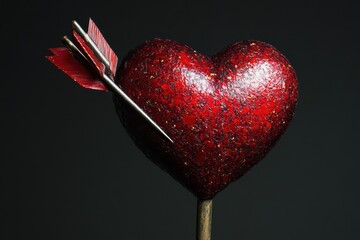 A Red Glittered Heart Pierced By An Arrow Symbolizes Romance