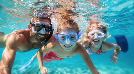 Fototapeta premium Father and daughter snorkeling in the sea 